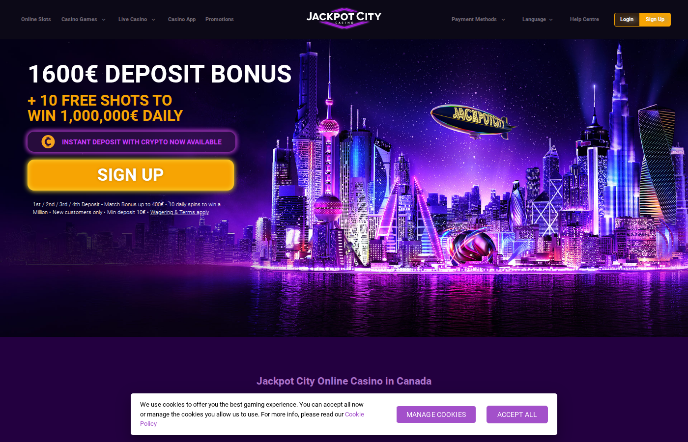 Jackpot City Casino homepage showing welcome bonus and game selection