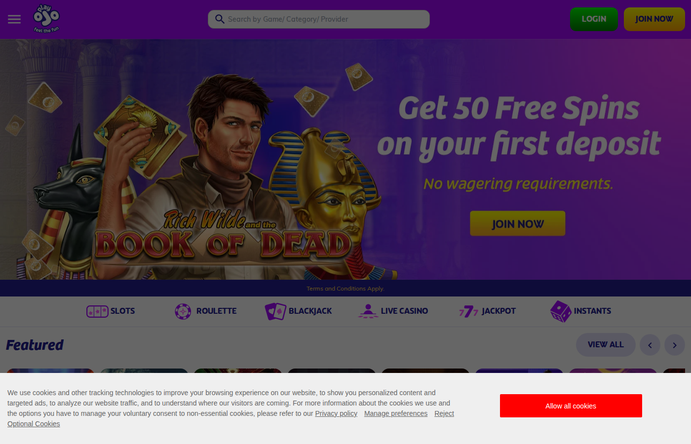 PlayOjo casino showing no wagering requirements promotion and game selection