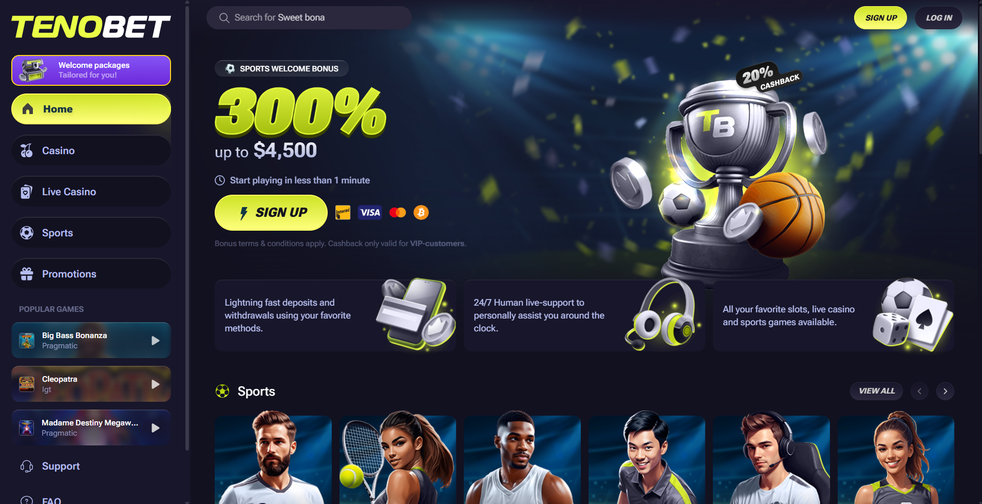 Tenobet casino homepage showing game library and welcome bonus offer